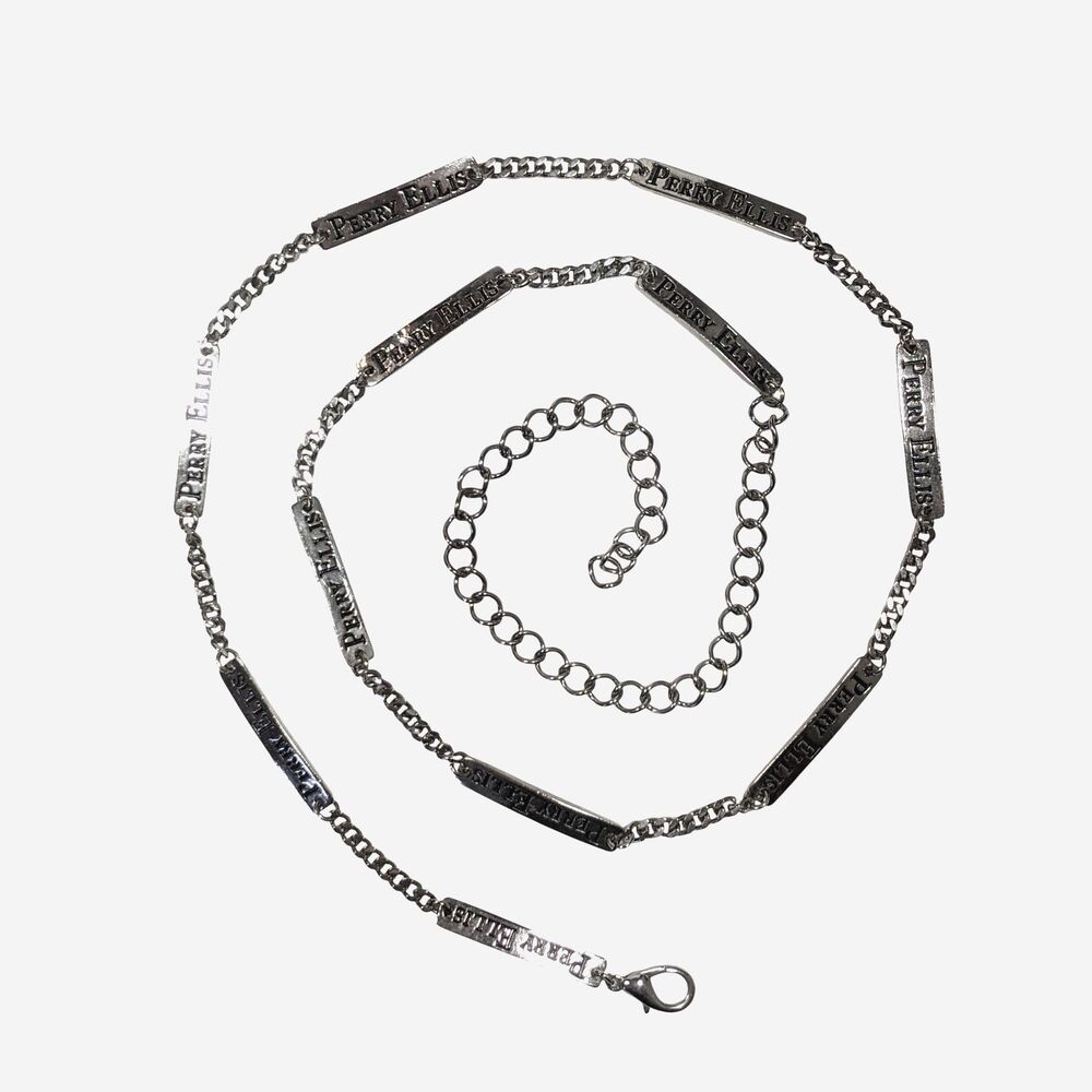 Perry Ellis Chain Belt Logo Bar Silver Tone Chunky Vintage 90s Y2K Whimsigoth